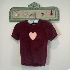 SUGAR THRILLS SHORT SLEEVE MERLOT FUZZY HEART CROP BABY TEE WOMENS MEDIUM NEW